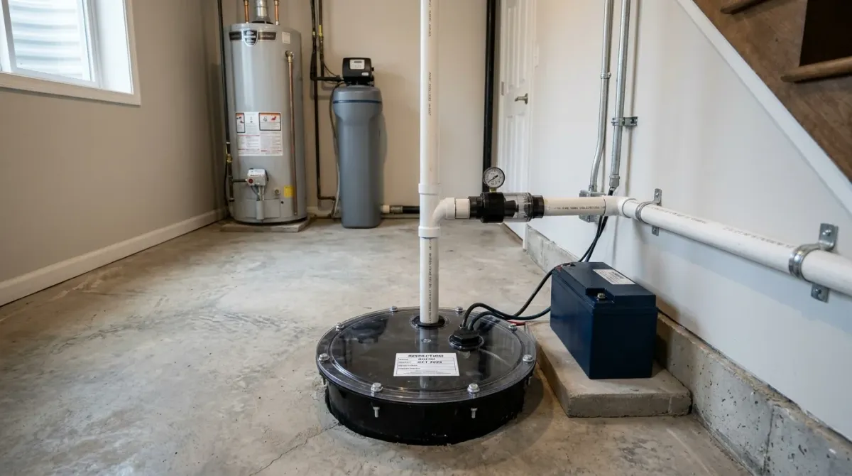 Sump pump with a battery backup in a basement