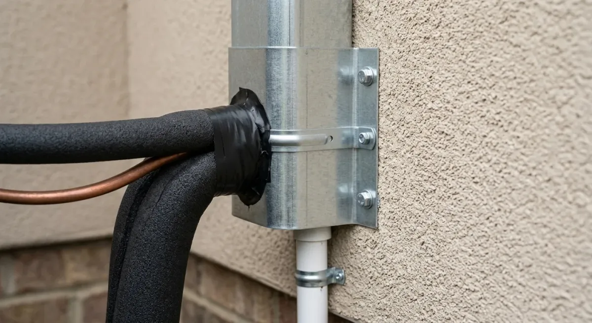 Insulated refrigerant line set entering an exterior wall