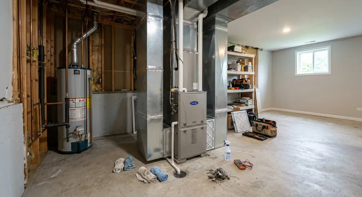 Basement furnace and water heater during a service visit
