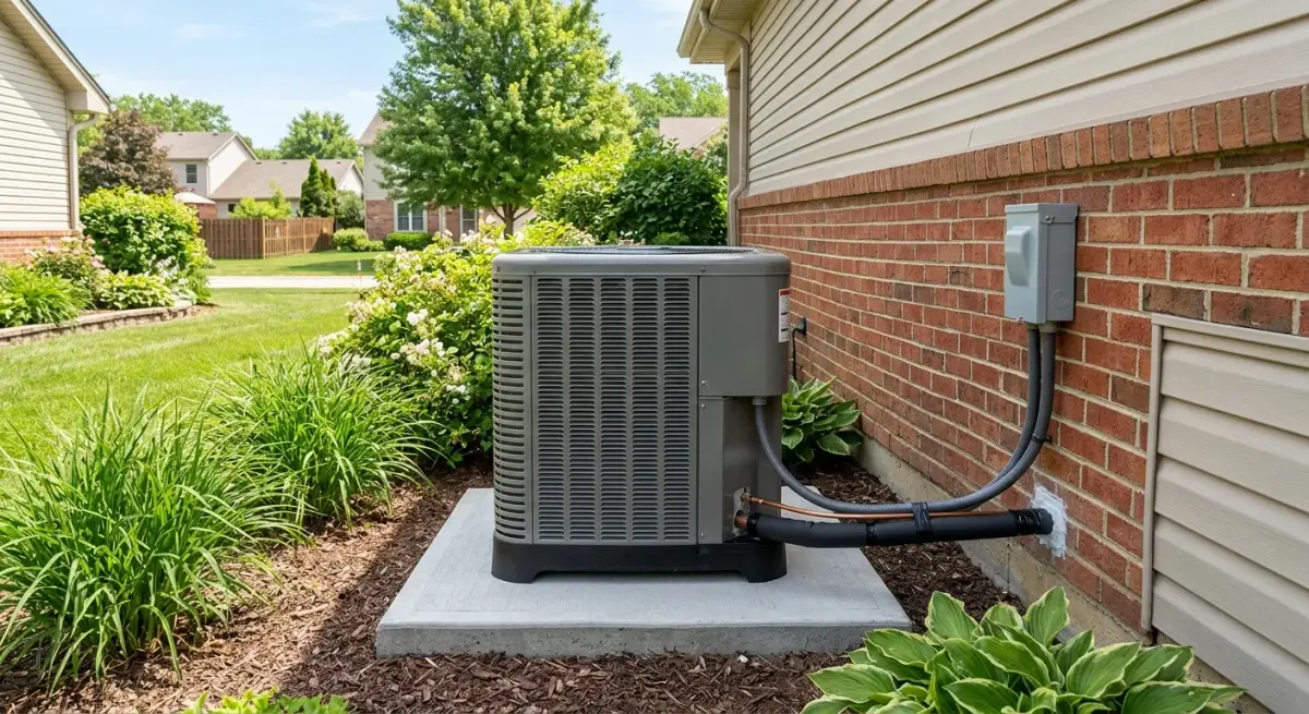 Air conditioner condenser beside a house