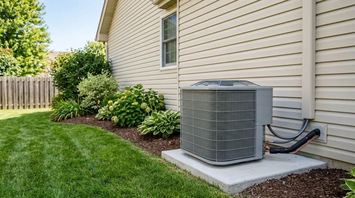 Outdoor AC condenser on a concrete pad beside a home