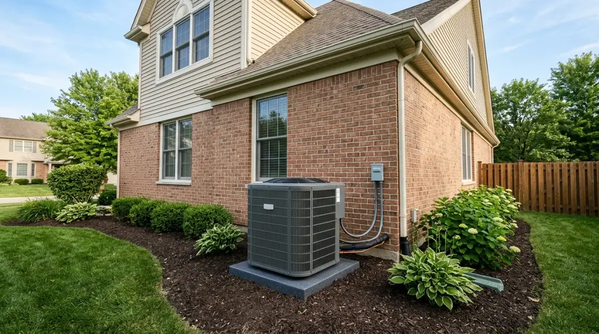 Outdoor AC condenser beside a brick home