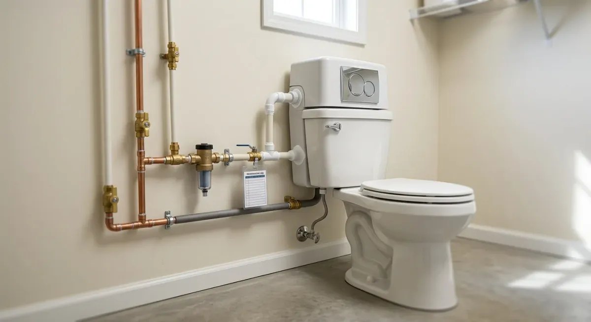 Toilet with new copper supply piping in a bathroom