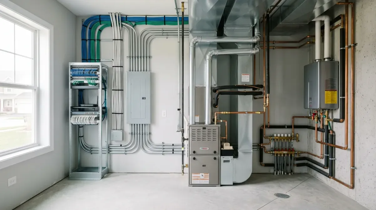 Basement mechanical room with a furnace and electrical panel