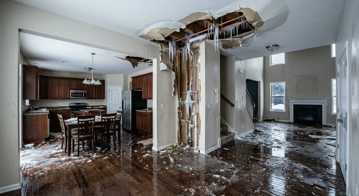 Flooded kitchen with ceiling damage from a burst pipe