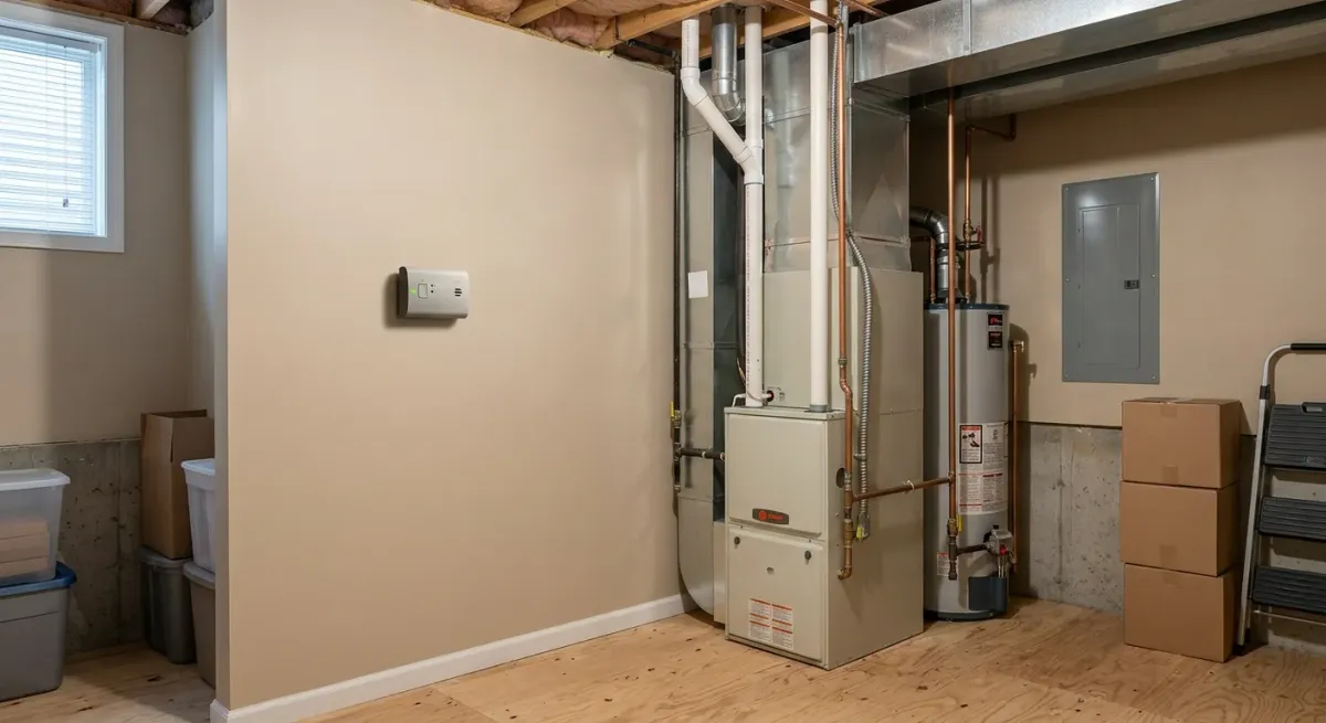 Basement furnace and water heater with a wall thermostat