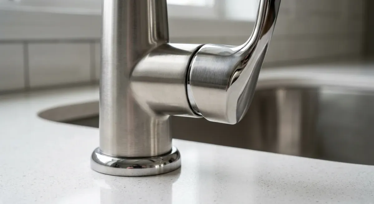 Chrome faucet spout close-up