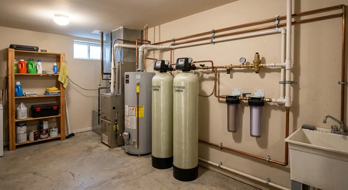 Water softener tanks, filters and a water heater in a basement