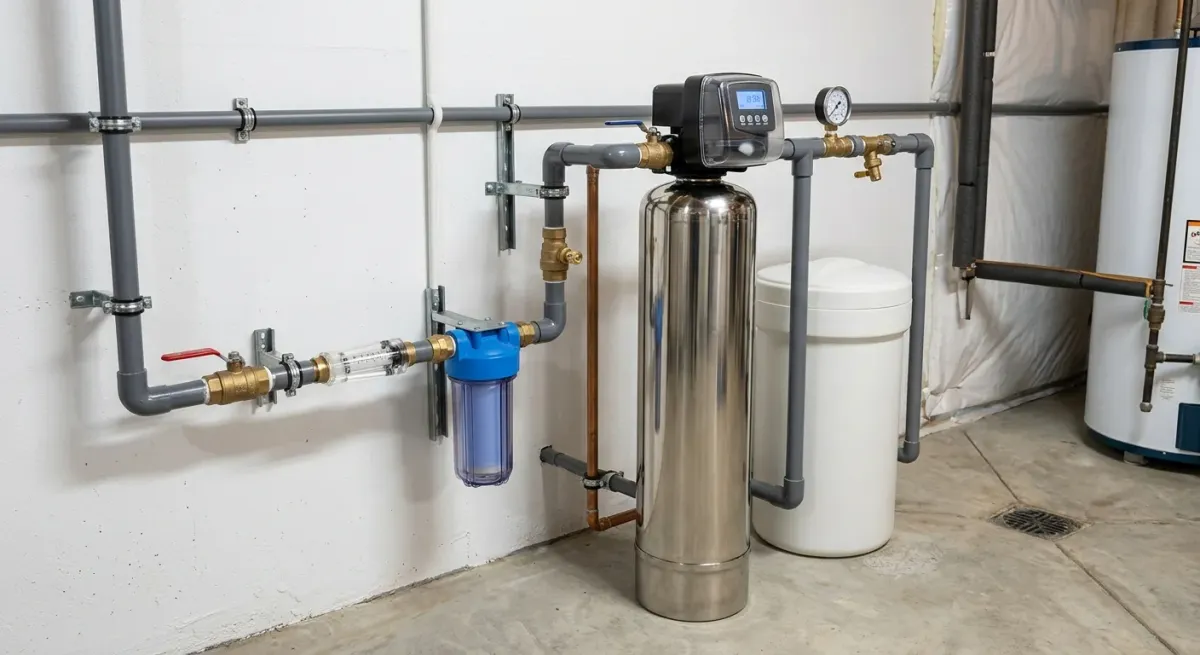 Whole-house water filter and softener on a basement wall