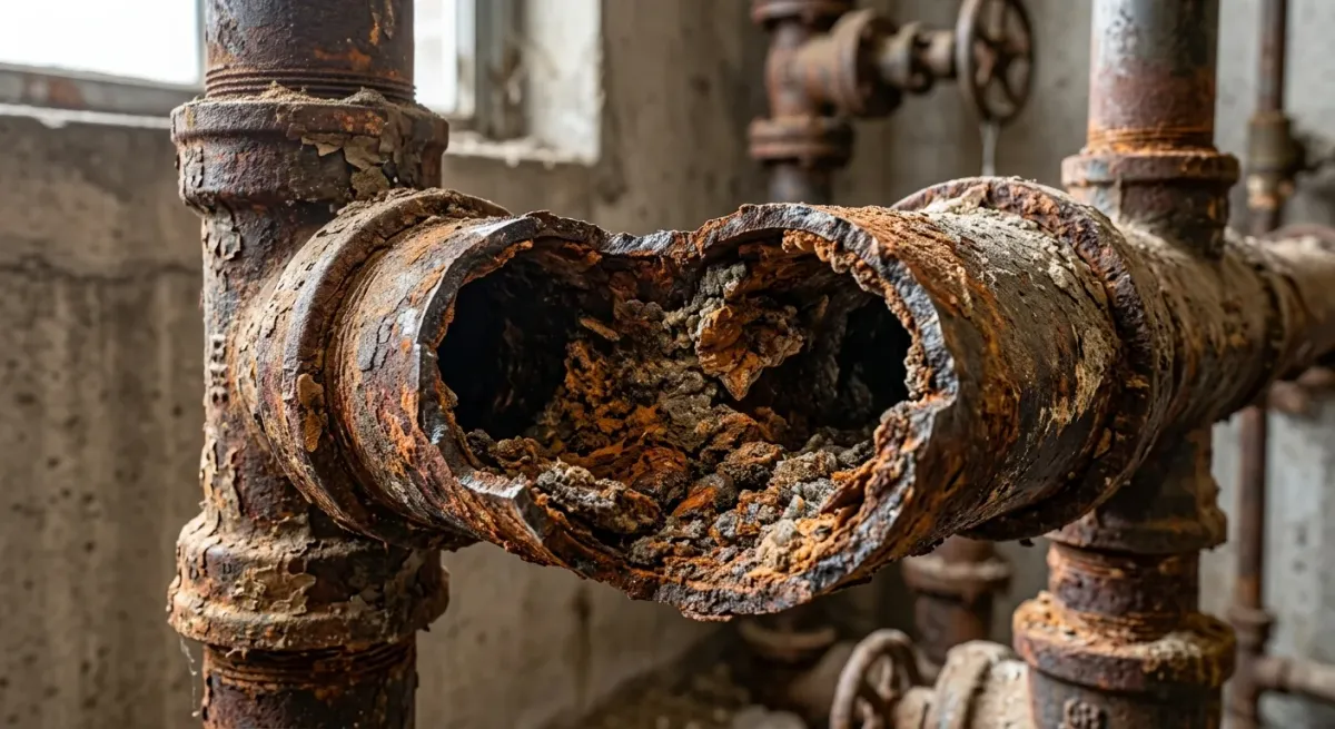 Rusted pipe with a corrosion hole