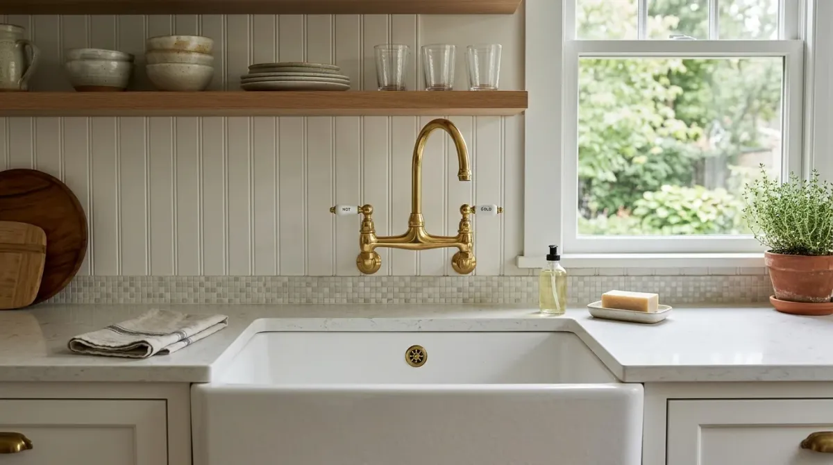 Brass faucet over a farmhouse sink