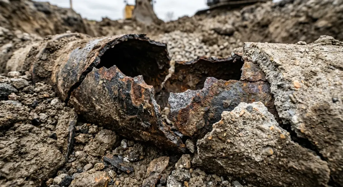 Collapsed, corroded sewer pipe in the soil