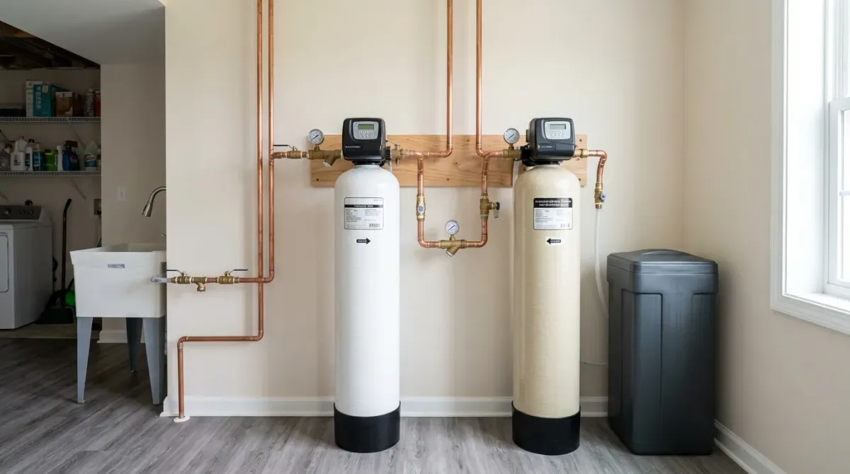 Water filter and softener tanks in a utility room
