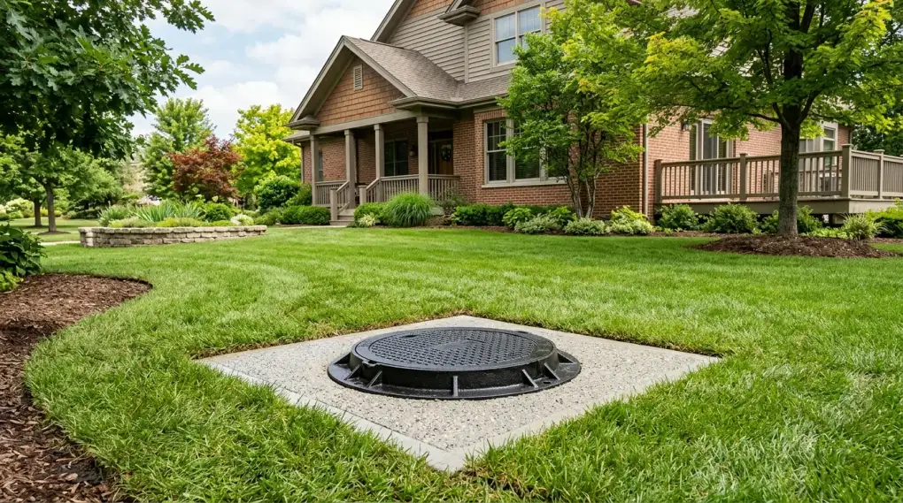 Round access lid set in a front lawn