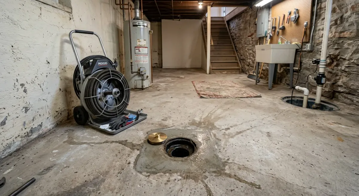 Drain cleaning machine and an open basement floor drain