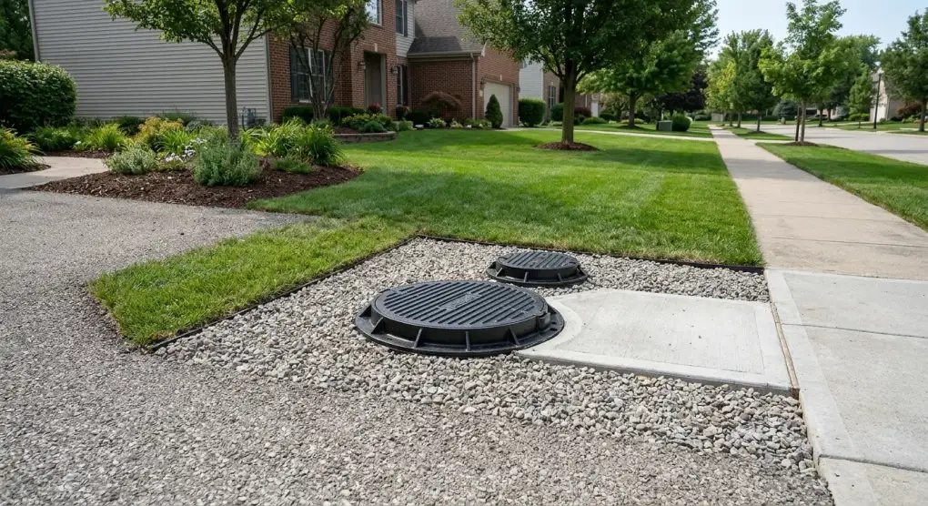 Sewer access lids in a gravel area beside a lawn