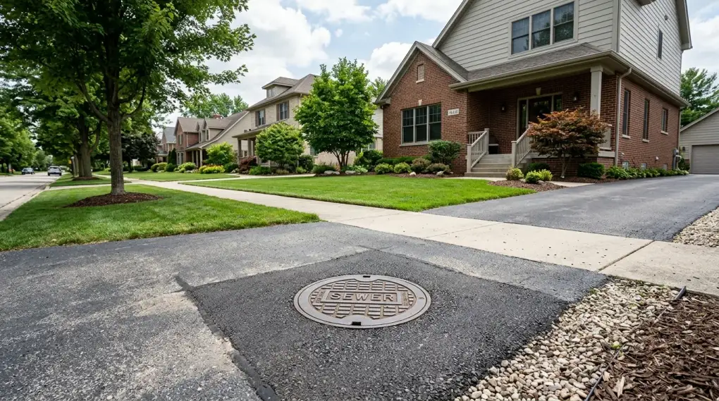 Sewer manhole cover in a residential driveway apron