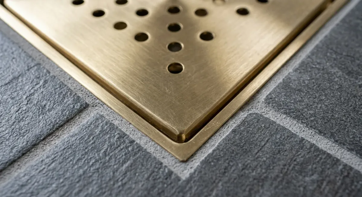 Brass shower drain cover set in gray tile