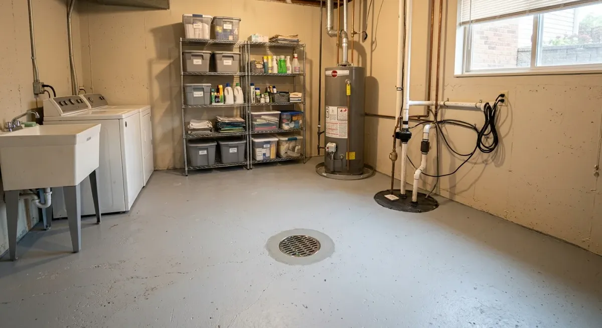 Finished basement floor with a floor drain and sump pump