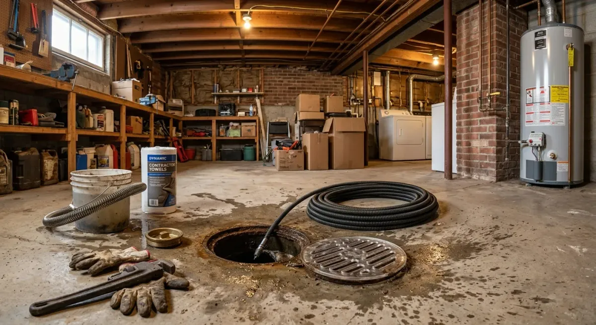 Open basement floor drain with a drain cleaning cable