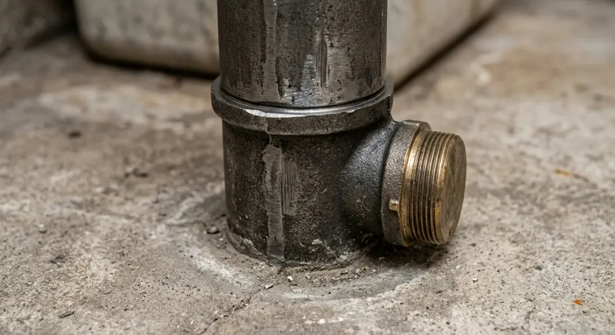 Cast iron drain pipe with a cleanout plug in a concrete floor