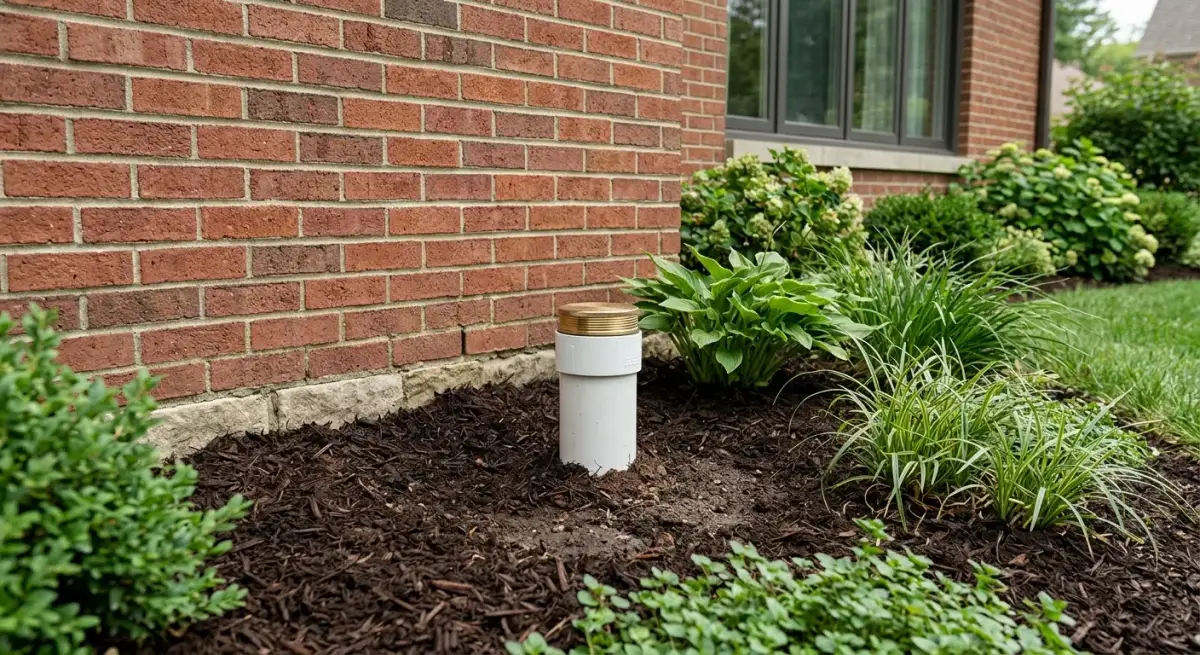 Outdoor sewer cleanout pipe in a garden bed