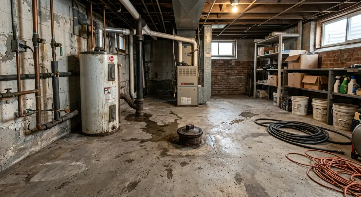 Old water heater and a wet basement floor