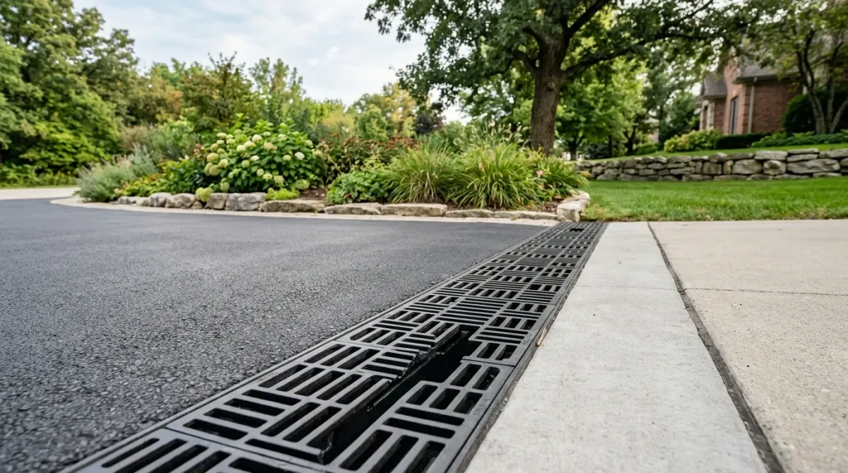Trench drain grate along a paved driveway