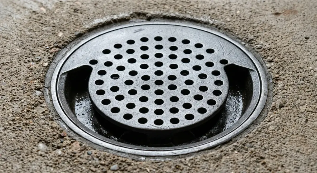 Round perforated floor drain cover in concrete