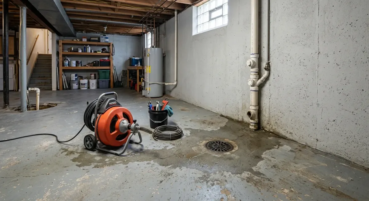 Drain cleaning machine by a basement floor drain