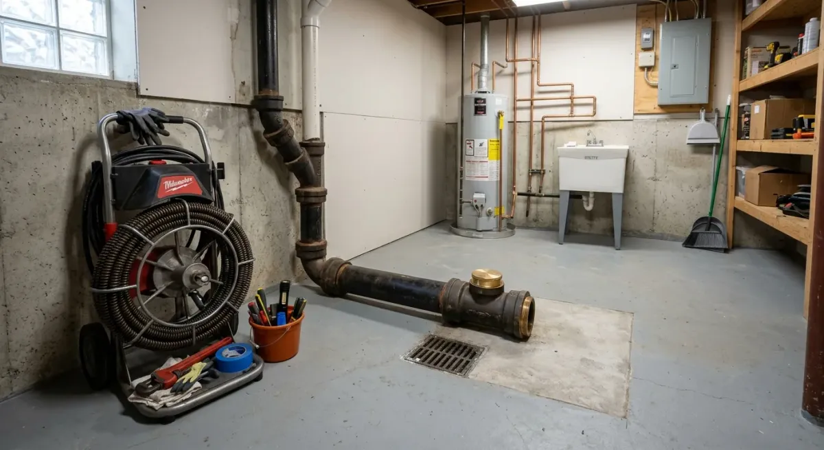 Drain cleaning machine beside a basement cleanout