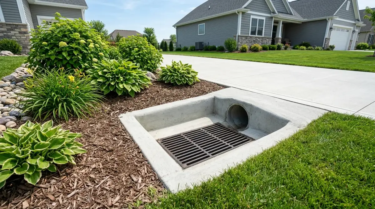 Landscape drain grate set in a lawn