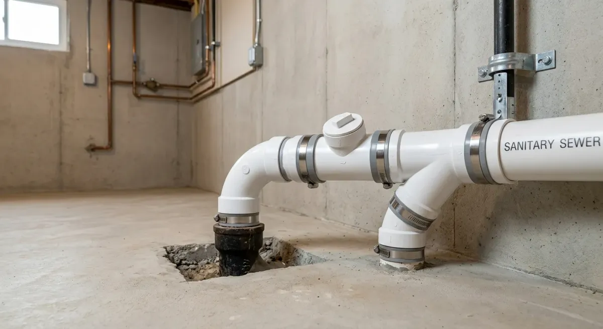 PVC drain cleanout set in a basement floor