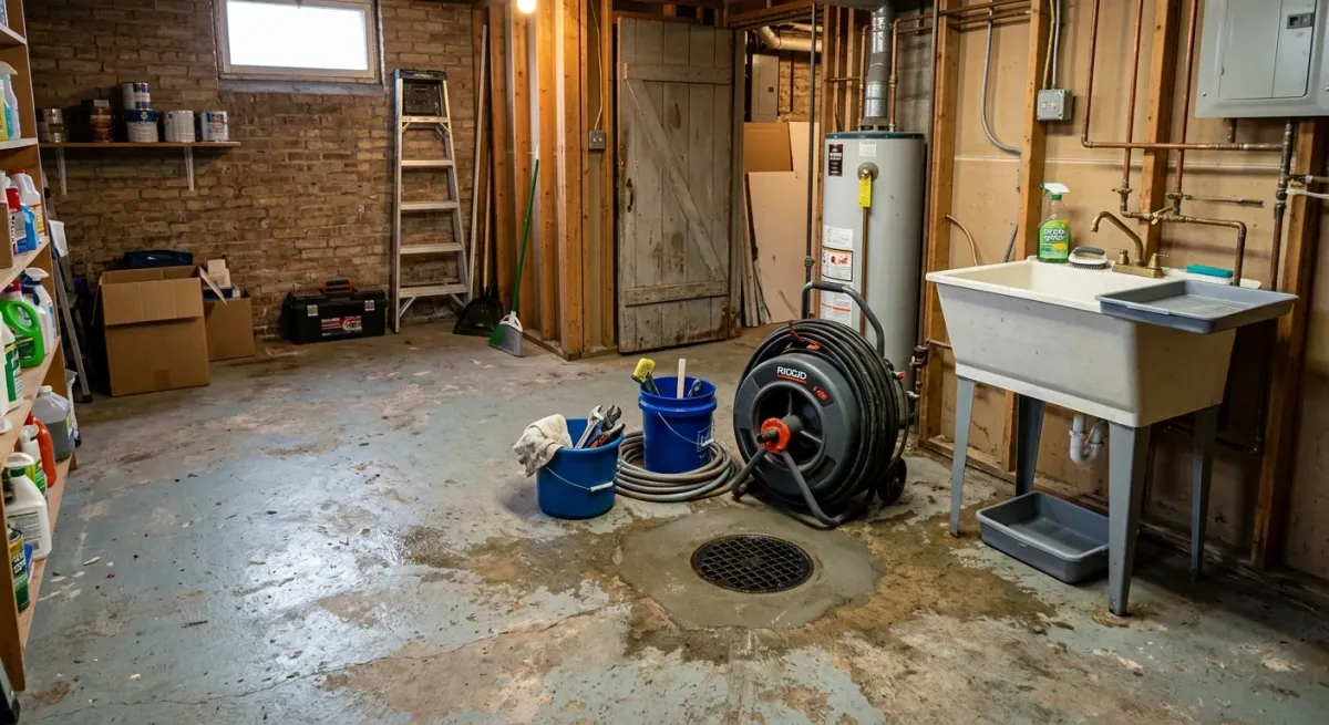 Old basement with a floor drain and a drain cleaning reel