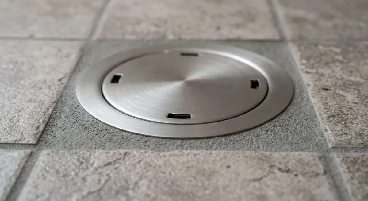 Stainless steel cleanout cover set in a tile floor