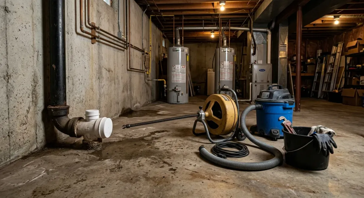 Drain cleaning equipment at a basement drain