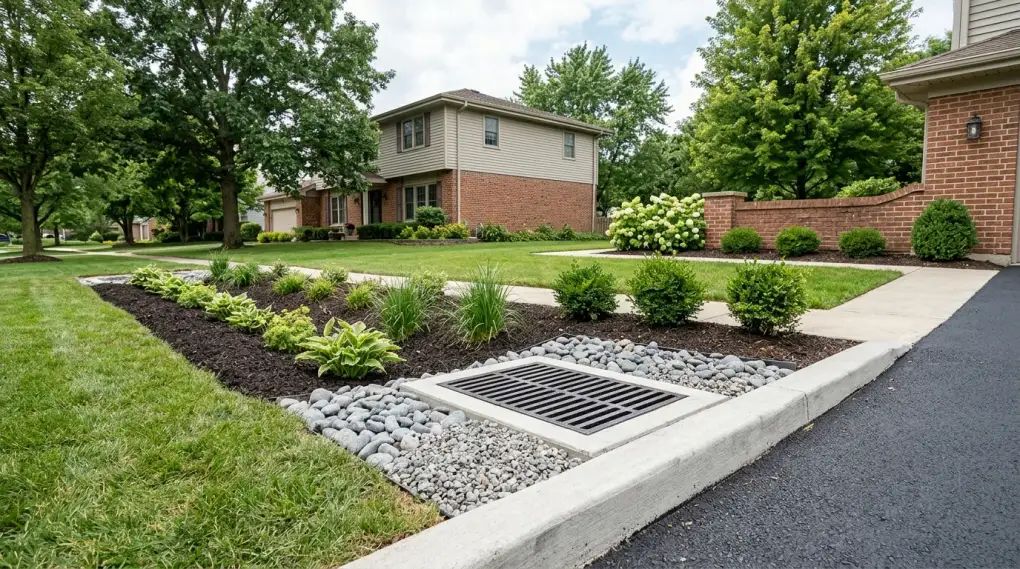 Drain grate in a rock bed beside a driveway