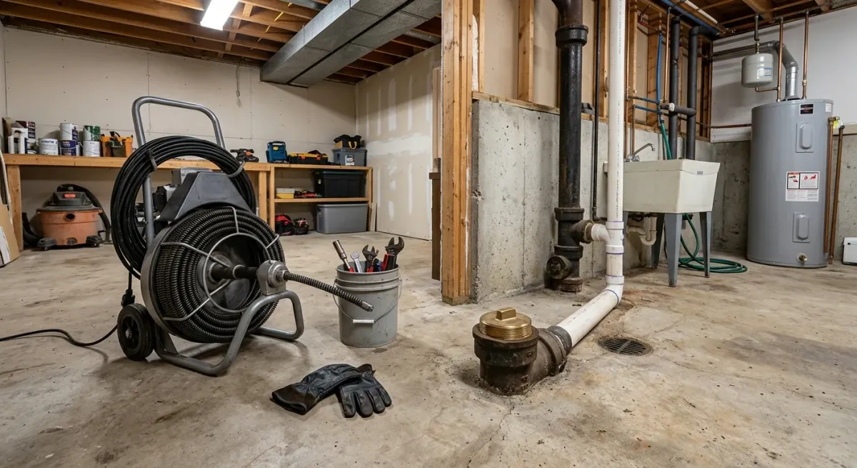 Drain cleaning machine at a basement cleanout