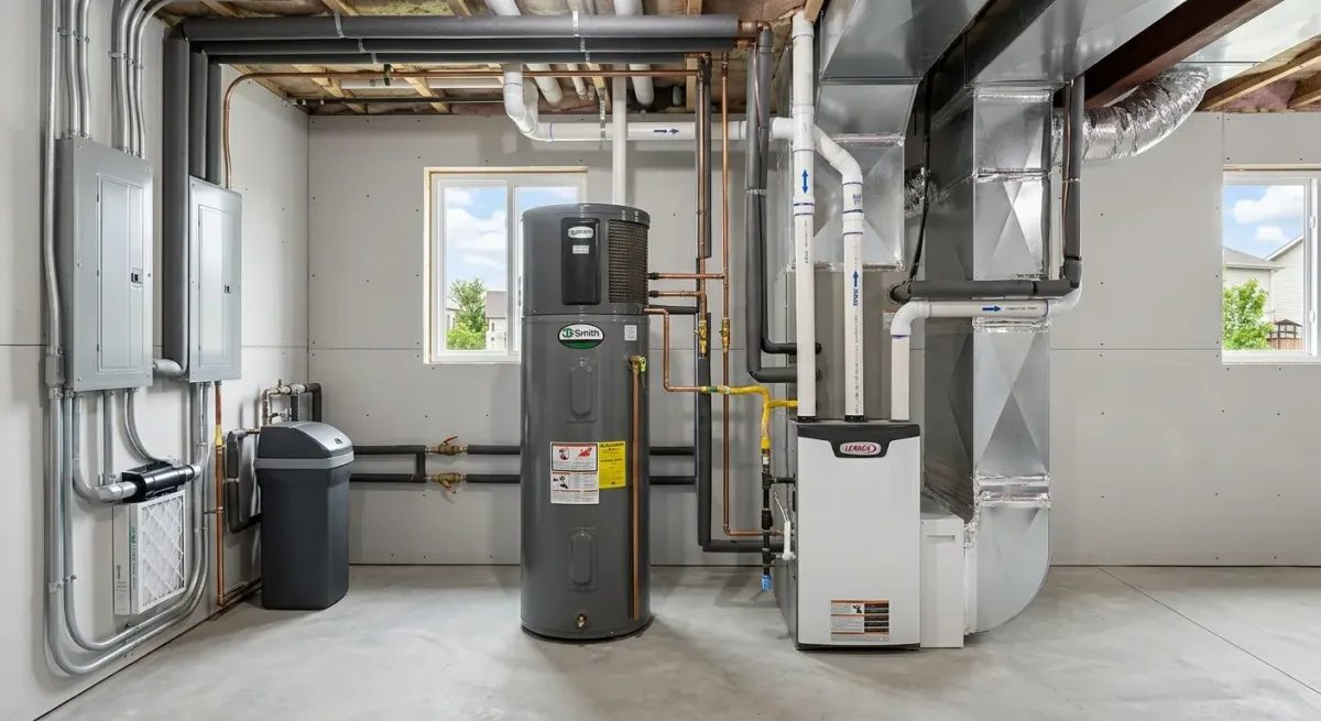 Mechanical room with a water heater and furnace