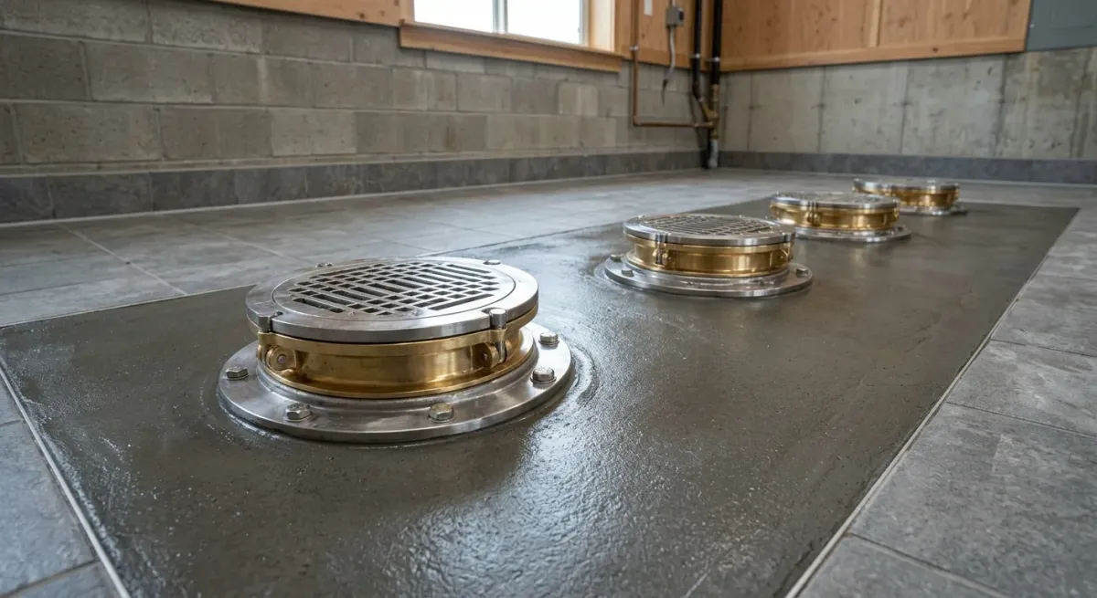 Floor drains in a concrete basement floor