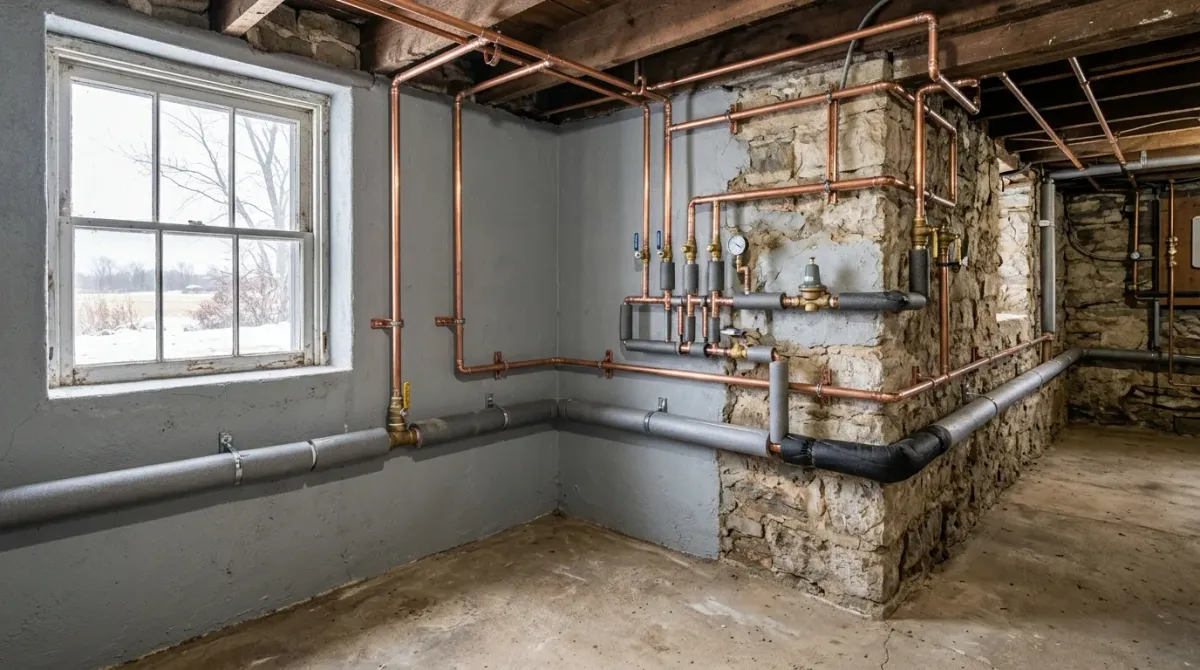 Old stone-walled basement with copper water lines
