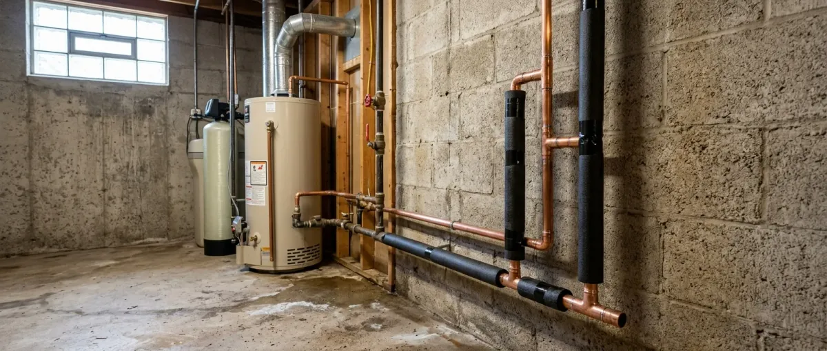 Water heater and copper lines along a basement wall