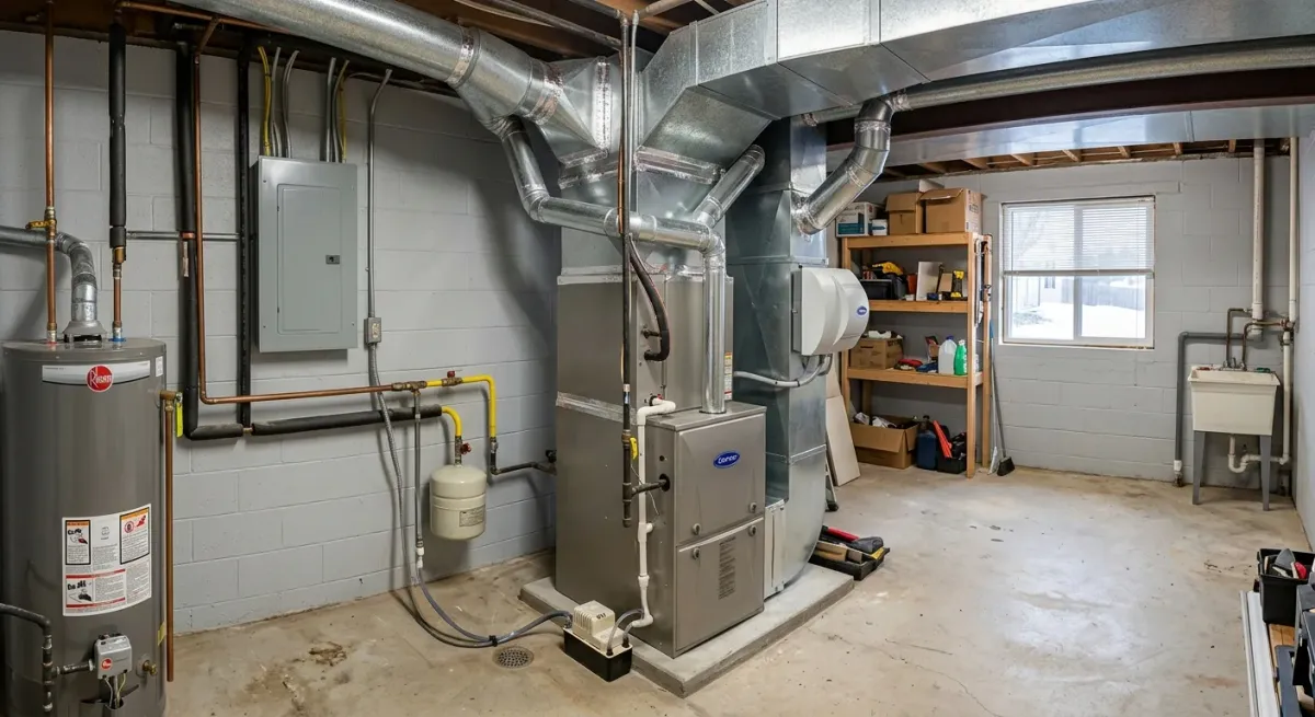 Basement furnace, ductwork and water heater