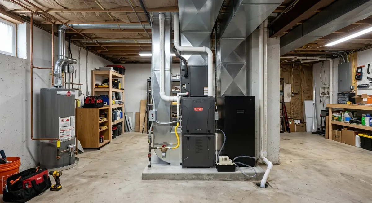 Basement furnace, ductwork and water heater