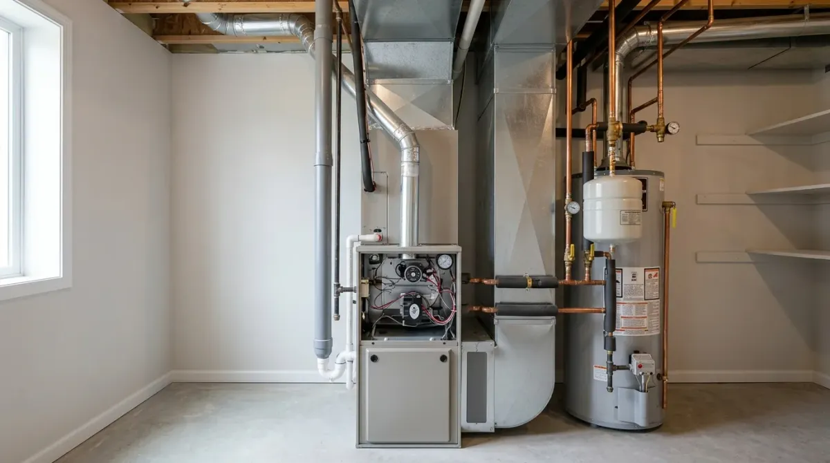 Furnace and water heater in a clean basement