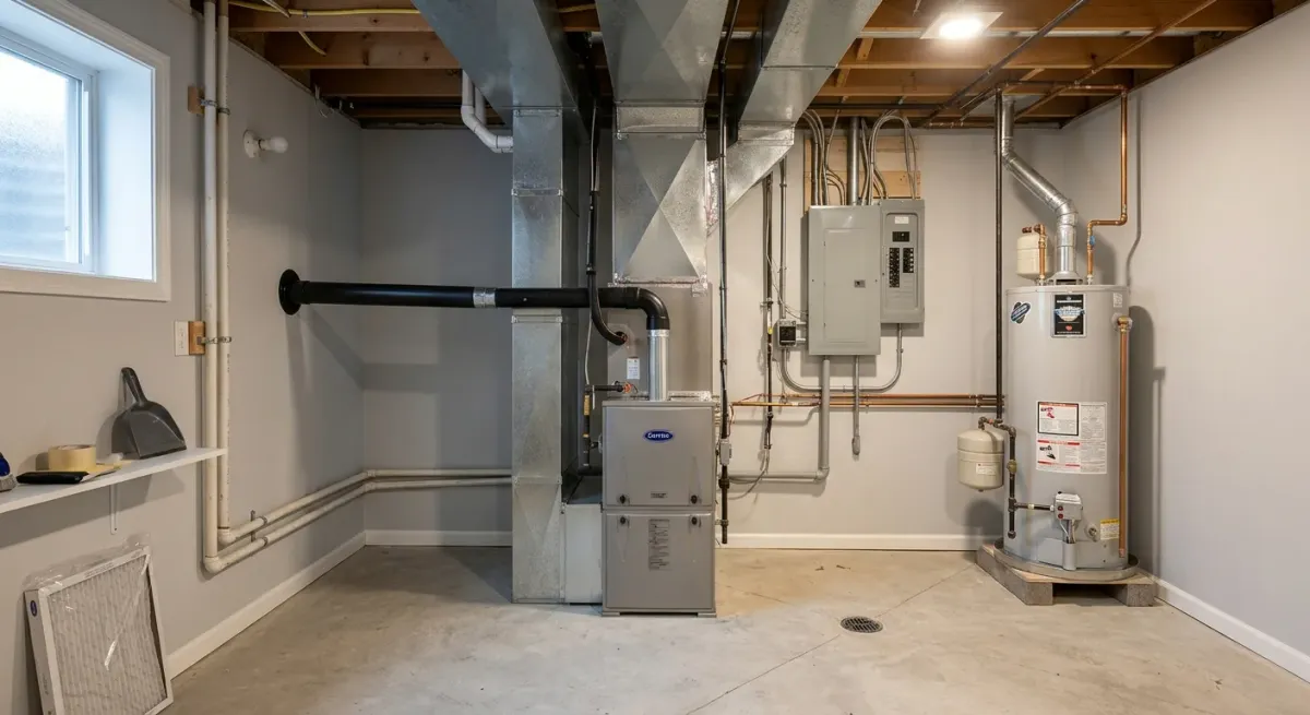 Basement mechanical room with a furnace