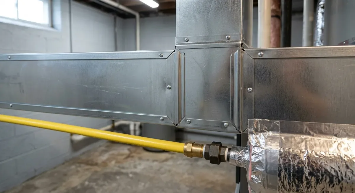 Furnace ductwork with a yellow gas line