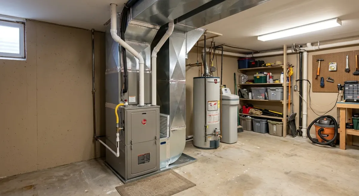Gas furnace beside a water heater in a basement