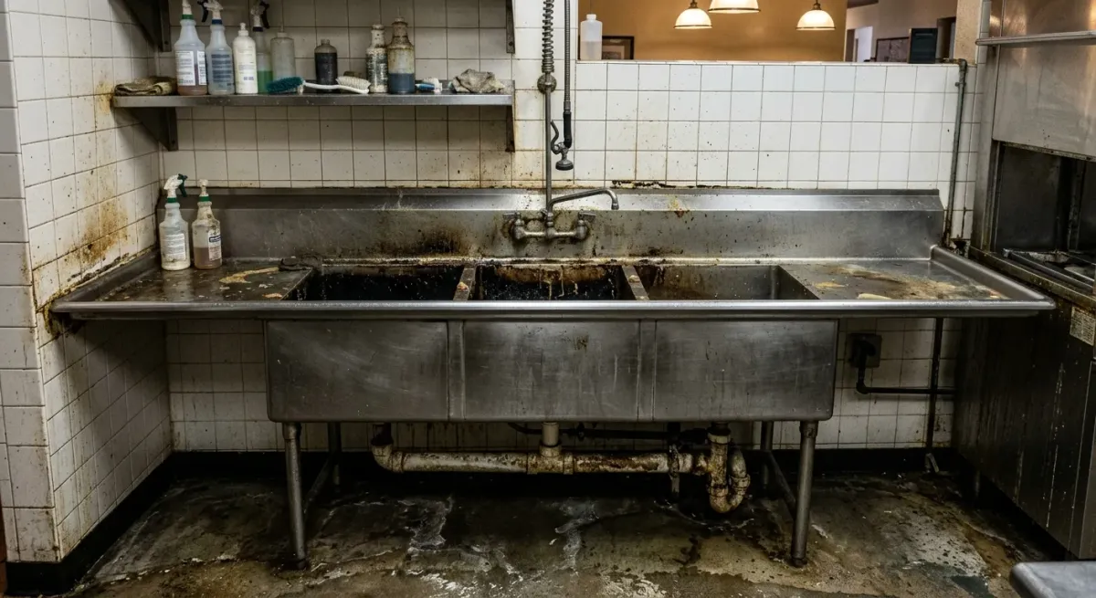 Commercial stainless steel sink with standing water