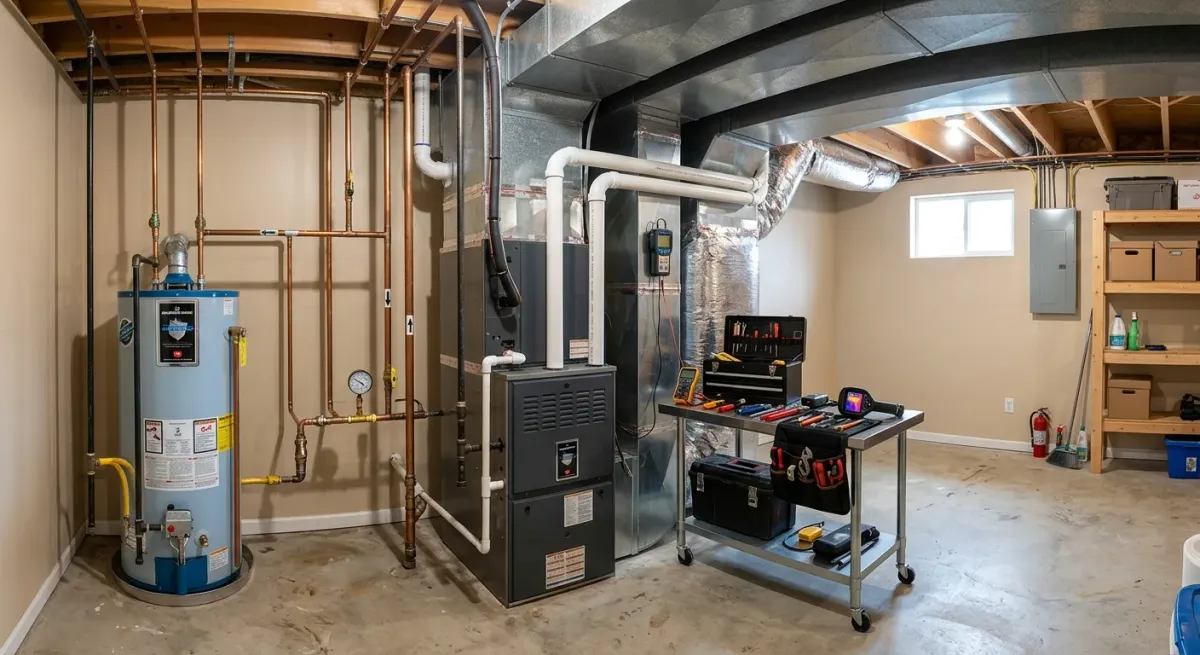 Mechanical room with a furnace and technician tools